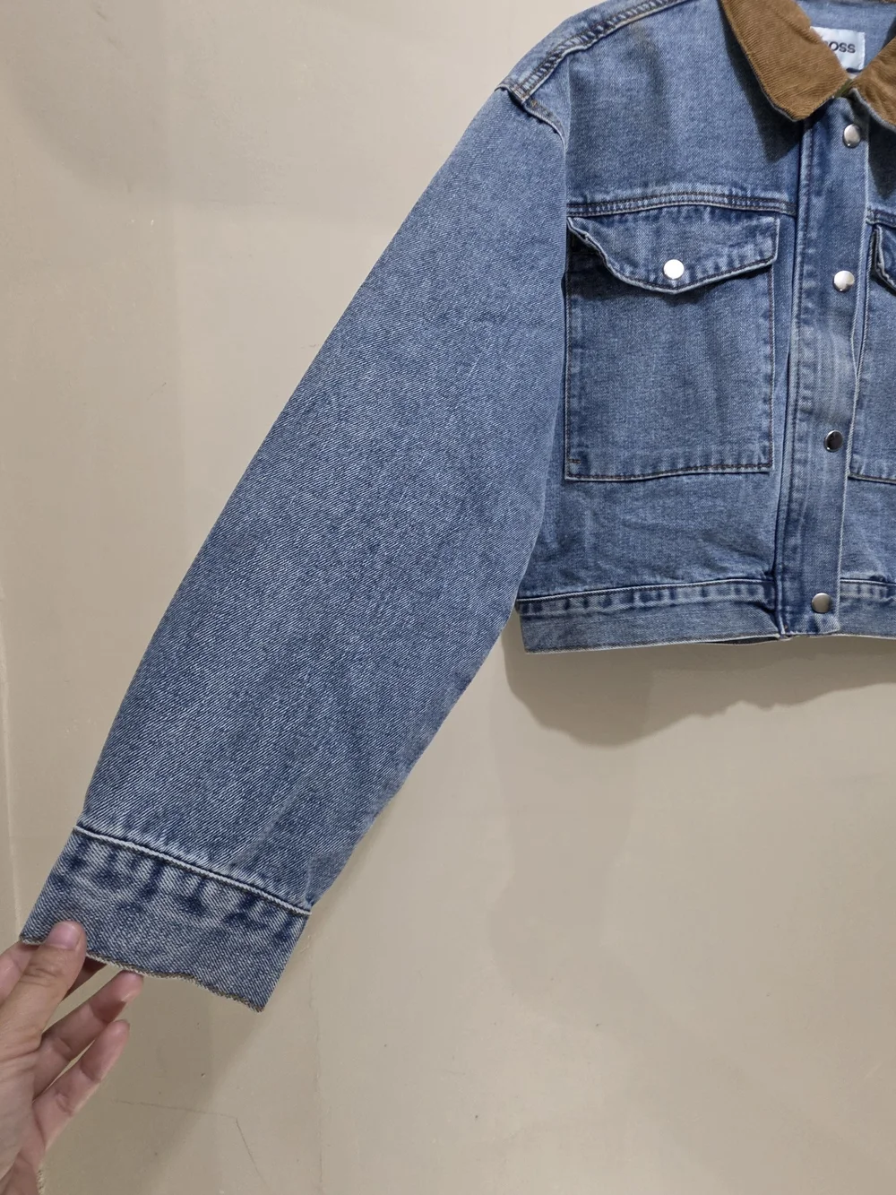 VIGOSS Cropped Denim Jacket Small Corduroy Collar Snap Front Blue - Picture 4 of 13